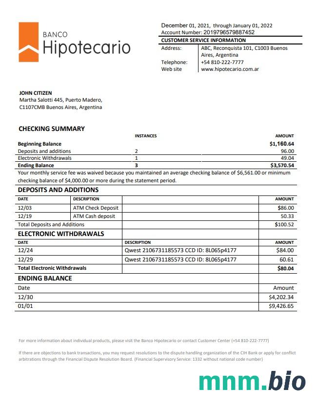 Argentina Banco Hipotecario wyciąg bankowy xls